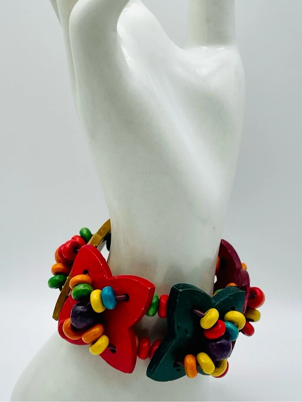 Chunky Boho Multicolor Wooden Flower Stretch Statement Bracelet